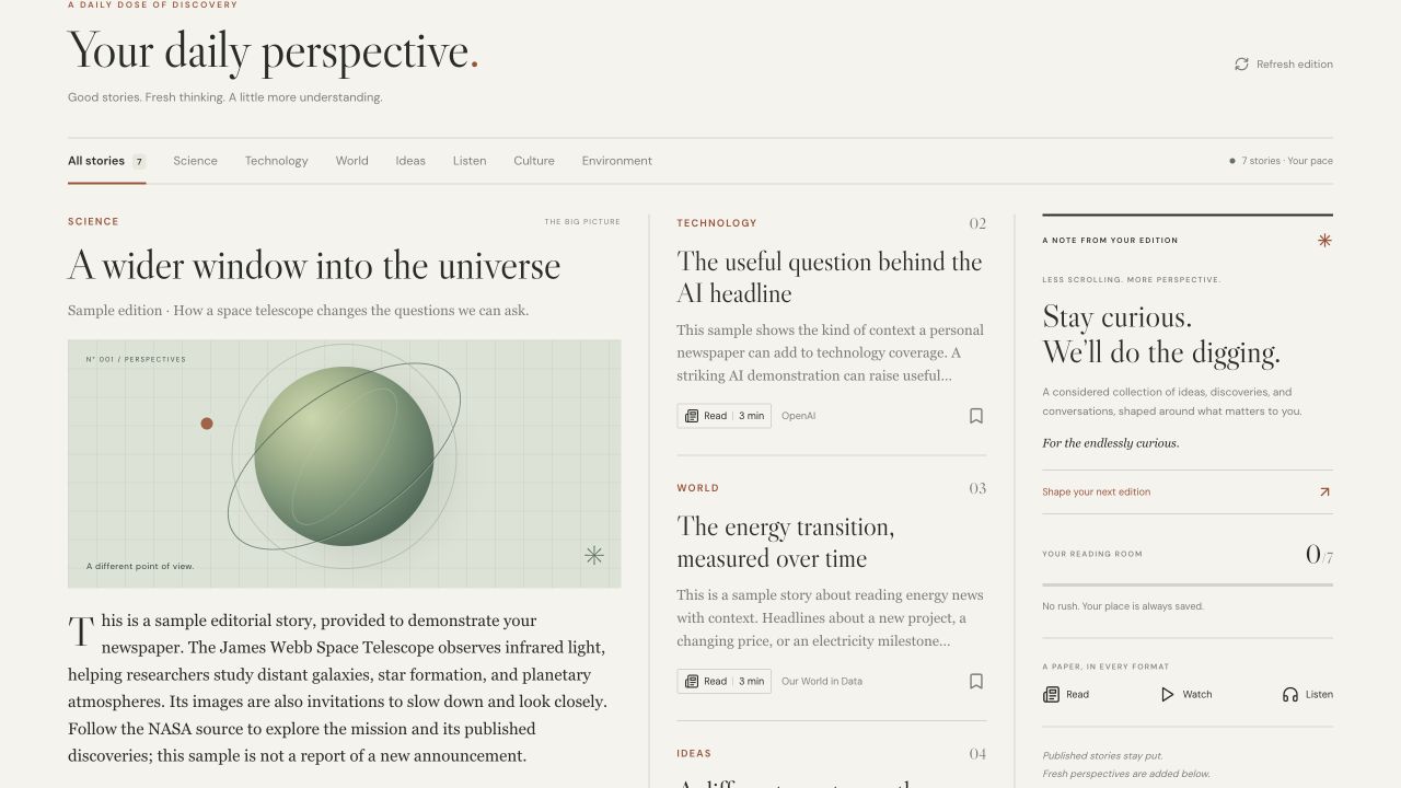 The light Hailights reader, with an illustrated space story, technology and world columns, and a note encouraging curiosity. All stories shown are samples.
