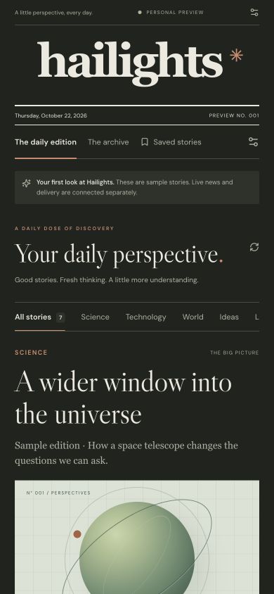 The Hailights reader in dark mode, showing its newspaper masthead and an illustrated sample story about space.